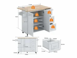 Hauss Spole Isla Cocina|Isla de cocina con ruedas 137x43/76 cm con 3 cajones y 2 puertas - y madera
