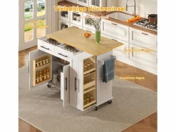 Merax Isla Cocina|Isla de cocina con ruedas - 120 x 40 x 90 cm - con almacenaje deslizante + 2 cajones + 2 puertas -