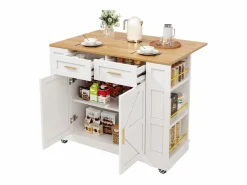 Merax Isla de cocina con ruedas - 120 x 65 x 90 cm - Carrito con módulos extensibles - 2 puertas + 2 cajones - MDF - Blanco Hot