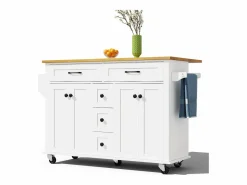 Merax Isla de cocina con ruedas - 140 x 65 x 89 cm - con encimera extensible + 5 cajones + 4 puertas - Blanco New