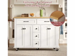 Merax Isla de cocina con ruedas - 140 x 65 x 89 cm - con encimera extensible + 5 cajones + 4 puertas - Blanco New