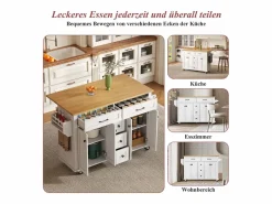 Merax Isla de cocina con ruedas - 140 x 65 x 89 cm - con encimera extensible + 5 cajones + 4 puertas - Blanco New