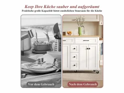 Merax Isla de cocina con ruedas - 140 x 65 x 89 cm - con encimera extensible + 5 cajones + 4 puertas - Blanco New