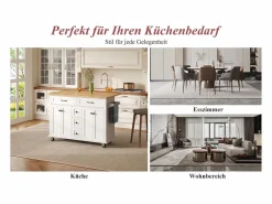 Merax Isla de cocina con ruedas - 140 x 65 x 89 cm - con encimera extensible + 5 cajones + 4 puertas - Blanco New