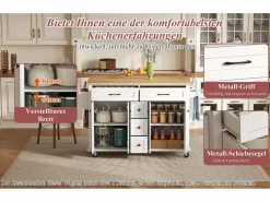 Merax Isla de cocina con ruedas - 140 x 65 x 89 cm - con encimera extensible + 5 cajones + 4 puertas - Blanco New