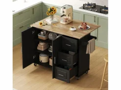 Hauss Spole Isla de cocina con ruedas 137x43/76 cm con 3 cajones y 2 puertas - y madera Negro