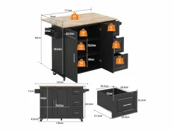 Hauss Spole Isla de cocina con ruedas 137x43/76 cm con 3 cajones y 2 puertas - y madera Negro