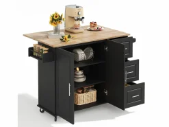 Hauss Spole Isla de cocina con ruedas 137x43/76 cm con 3 cajones y 2 puertas - y madera Negro