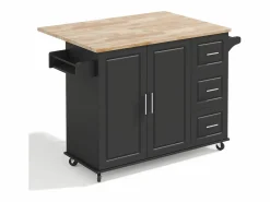 Hauss Spole Isla de cocina con ruedas 137x43/76 cm con 3 cajones y 2 puertas - y madera Negro