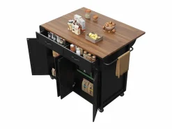 Merax Isla Cocina|Isla de cocina con ruedas - 140 x 45 x 90 cm - con encimera extensible + 4 puertas + 2 cajones - Metal + MDF -