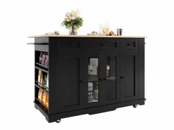 Isla Cocina|Isla de cocina con tablero abatible, separadores extraíbles, aparador de cristal templado, MDF y metal, color y natural (151,5x60x91,7 cm)