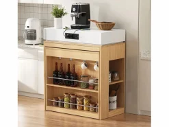 Merax Isla Cocina|Isla de cocina extensible con ruedas y tablero abatible - 83 x 46 x 96 cm - mesa alta con puerta y cajón - MDF + cristal - natural