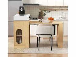 Merax Isla Cocina|Isla de cocina extensible con ruedas y tablero abatible - 83 x 46 x 96 cm - mesa alta con puerta y cajón - MDF + cristal - natural