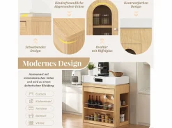 Merax Isla Cocina|Isla de cocina extensible con ruedas y tablero abatible - 83 x 46 x 96 cm - mesa alta con puerta y cajón - MDF + cristal - natural