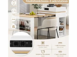 Merax Isla de cocina extensible con ruedas y tablero abatible - 83 x 46 x 96 cm - mesa alta con puerta y cajón - MDF + cristal - Blanco