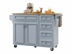 Isla de cocina moderna 130×45×92 cm - con 5 cajones y 2 puertas - encimera extensible - con ruedas -^ModernLuxe Discount