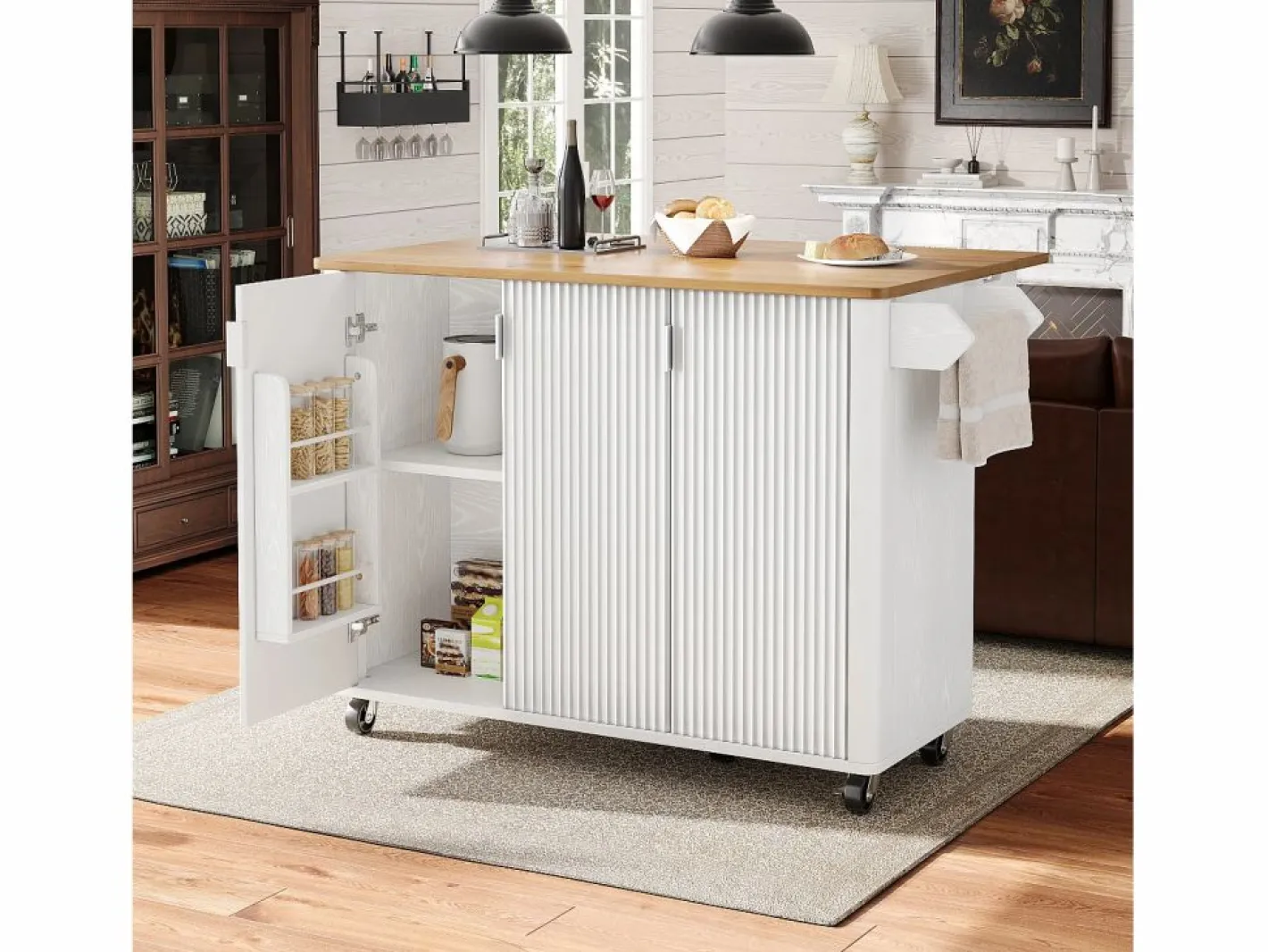 ModernLuxe Isla Cocina|Isla de cocina moderna 130x45x92cm - 3 puertas - con estante para especias - tablero extensible - con ruedas -