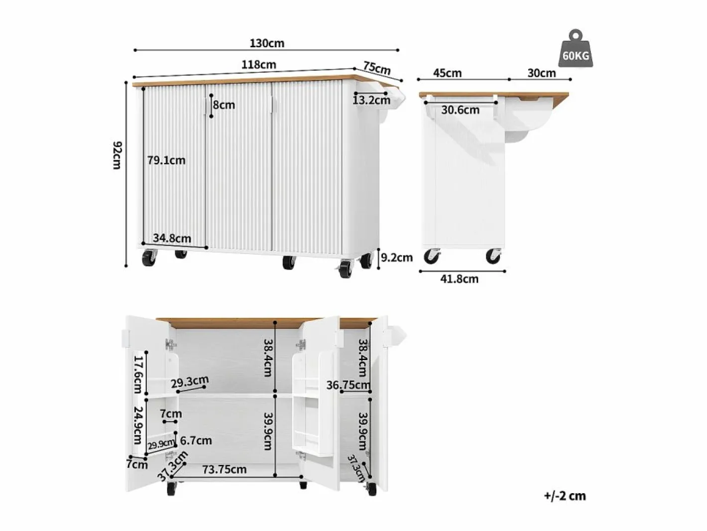 ModernLuxe Isla Cocina|Isla de cocina moderna 130x45x92cm - 3 puertas - con estante para especias - tablero extensible - con ruedas -