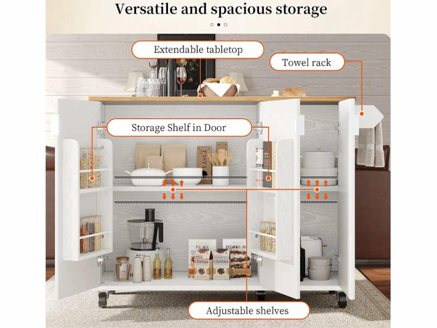 ModernLuxe Isla Cocina|Isla de cocina moderna 130x45x92cm - 3 puertas - con estante para especias - tablero extensible - con ruedas -