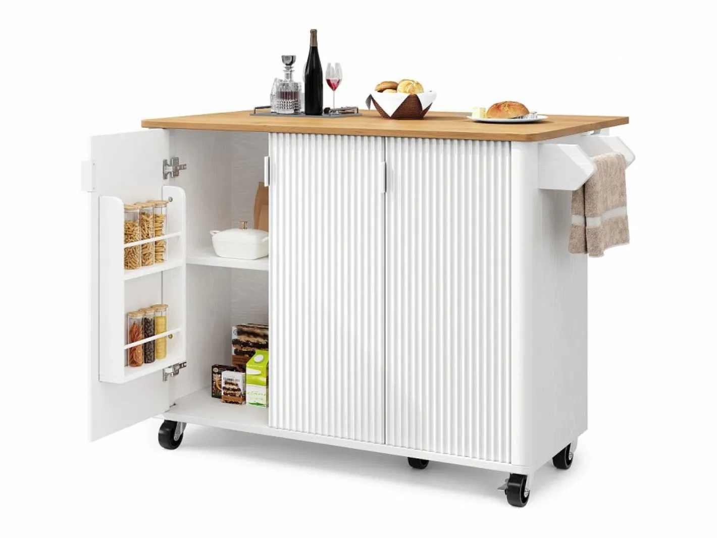 ModernLuxe Isla Cocina|Isla de cocina moderna 130x45x92cm - 3 puertas - con estante para especias - tablero extensible - con ruedas -