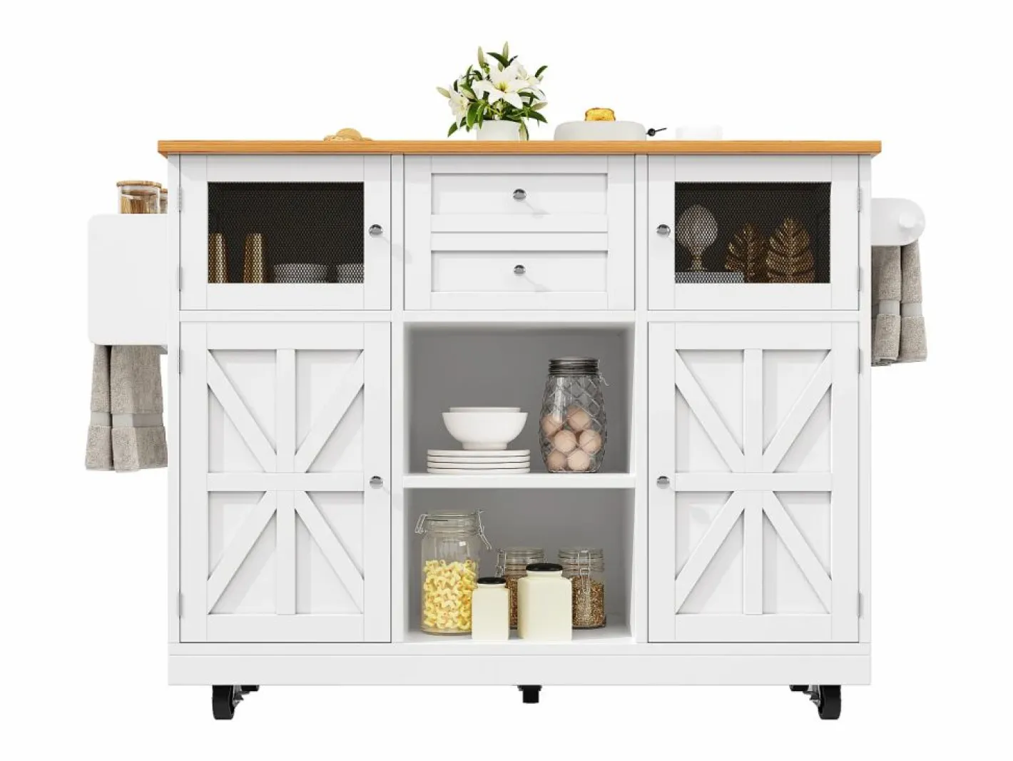 ModernLuxe Isla Cocina|Isla de cocina móvil 140×70×93,5 cm - 2 cajones y 4 puertas - encimera extensible - estantes ajustables -
