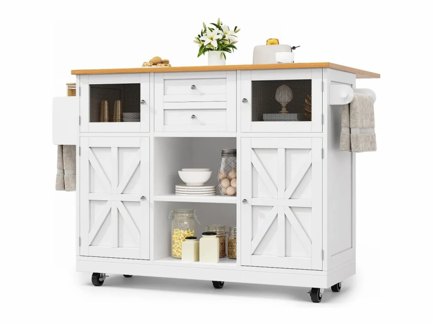 ModernLuxe Isla Cocina|Isla de cocina móvil 140×70×93,5 cm - 2 cajones y 4 puertas - encimera extensible - estantes ajustables -