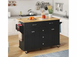 Isla de cocina móvil - encimera extensible - 5 cajones y 4 puertas - con toallero - MDF - negro^ModernLuxe Best