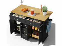 Isla de cocina móvil - encimera extensible - 5 cajones y 4 puertas - con toallero - MDF - negro^ModernLuxe Best