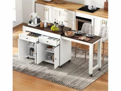 Isla de cocina móvil blanca - Carrito de cocina con 4 puertas y 2 cajones - Superficie extensible y especiero Blanco Online