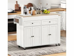 Isla Cocina|Isla de cocina móvil blanca - Carrito de cocina con 4 puertas y 2 cajones - tablero de madera extensible y especiero