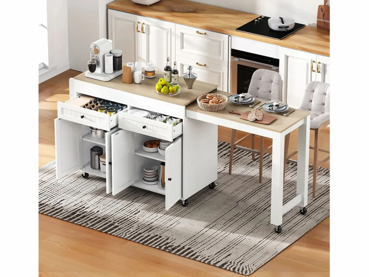 Isla Cocina|Isla de cocina móvil blanca - Carrito de cocina con 4 puertas y 2 cajones - tablero de madera extensible y especiero