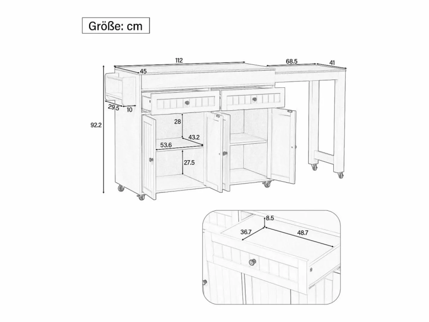 Isla Cocina|Isla de cocina móvil blanca - Carrito de cocina con 4 puertas y 2 cajones - tablero de madera extensible y especiero