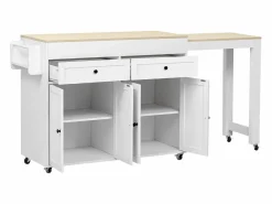 Isla Cocina|Isla de cocina móvil blanca - Carrito de cocina con 4 puertas y 2 cajones - tablero de madera extensible y especiero