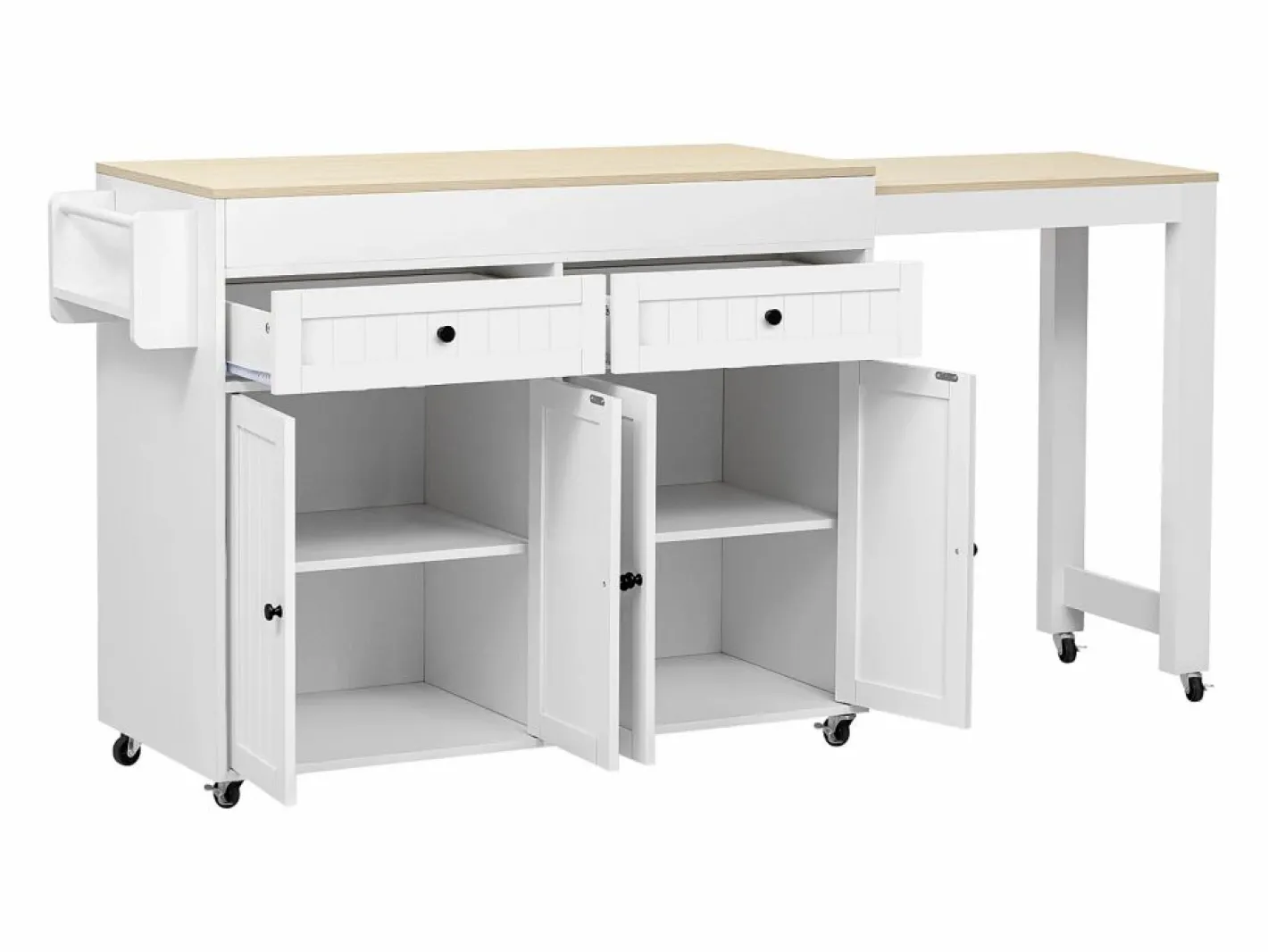 Isla Cocina|Isla de cocina móvil blanca - Carrito de cocina con 4 puertas y 2 cajones - tablero de madera extensible y especiero