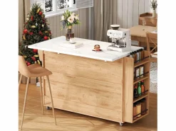 ModernLuxe Isla Cocina|Isla de cocina móvil central - mesa de comedor plegable - con espacio de almacenamiento y estante para especias - con ruedas - Natural