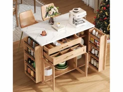 ModernLuxe Isla Cocina|Isla de cocina móvil central - mesa de comedor plegable - con espacio de almacenamiento y estante para especias - con ruedas - Natural