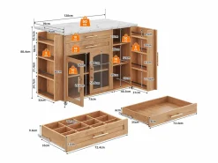 ModernLuxe Isla Cocina|Isla de cocina móvil central - mesa de comedor plegable - con espacio de almacenamiento y estante para especias - con ruedas - Natural