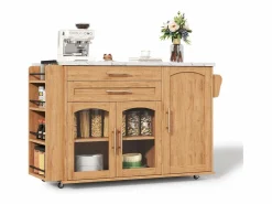 ModernLuxe Isla Cocina|Isla de cocina móvil central - mesa de comedor plegable - con espacio de almacenamiento y estante para especias - con ruedas - Natural
