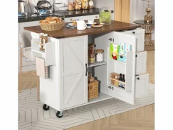 Merax Isla Cocina|Isla de cocina móvil central con 2 puertas y 3 cajones - tapa extensible - 140 x 45/73 x 92,5 cm - Madera MDF + metal - + natural