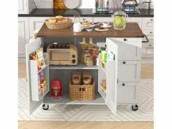 Merax Isla Cocina|Isla de cocina móvil central con 2 puertas y 3 cajones - tapa extensible - 140 x 45/73 x 92,5 cm - Madera MDF + metal - + natural