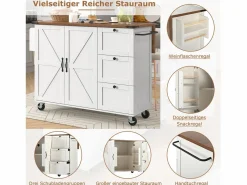 Merax Isla Cocina|Isla de cocina móvil central con 2 puertas y 3 cajones - tapa extensible - 140 x 45/73 x 92,5 cm - Madera MDF + metal - + natural