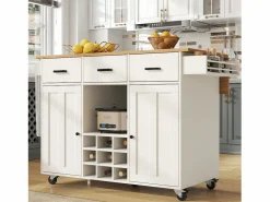 Isla de cocina móvil con 2 puertas, 3 cajones y botellero para 9 botellas - Tablero extensible - 124x40/65x91,5 cm - MDF -^Merax Online