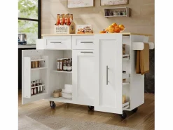 Merax Isla de cocina móvil con 2 puertas, 3 cajones y toallero - Tablero extensible - 134,5 x 46/74 x 90,5 cm - MDF - Blanco Hot
