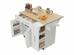 Merax Isla de cocina móvil con 2 puertas, 3 cajones y toallero - Tablero extensible - 134,5 x 46/74 x 90,5 cm - MDF - Blanco Hot