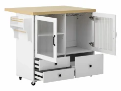 Hauss Spole Isla de cocina móvil con 2 puertas de cristal y 3 cajones - Mesa extensible - Blanco Outlet