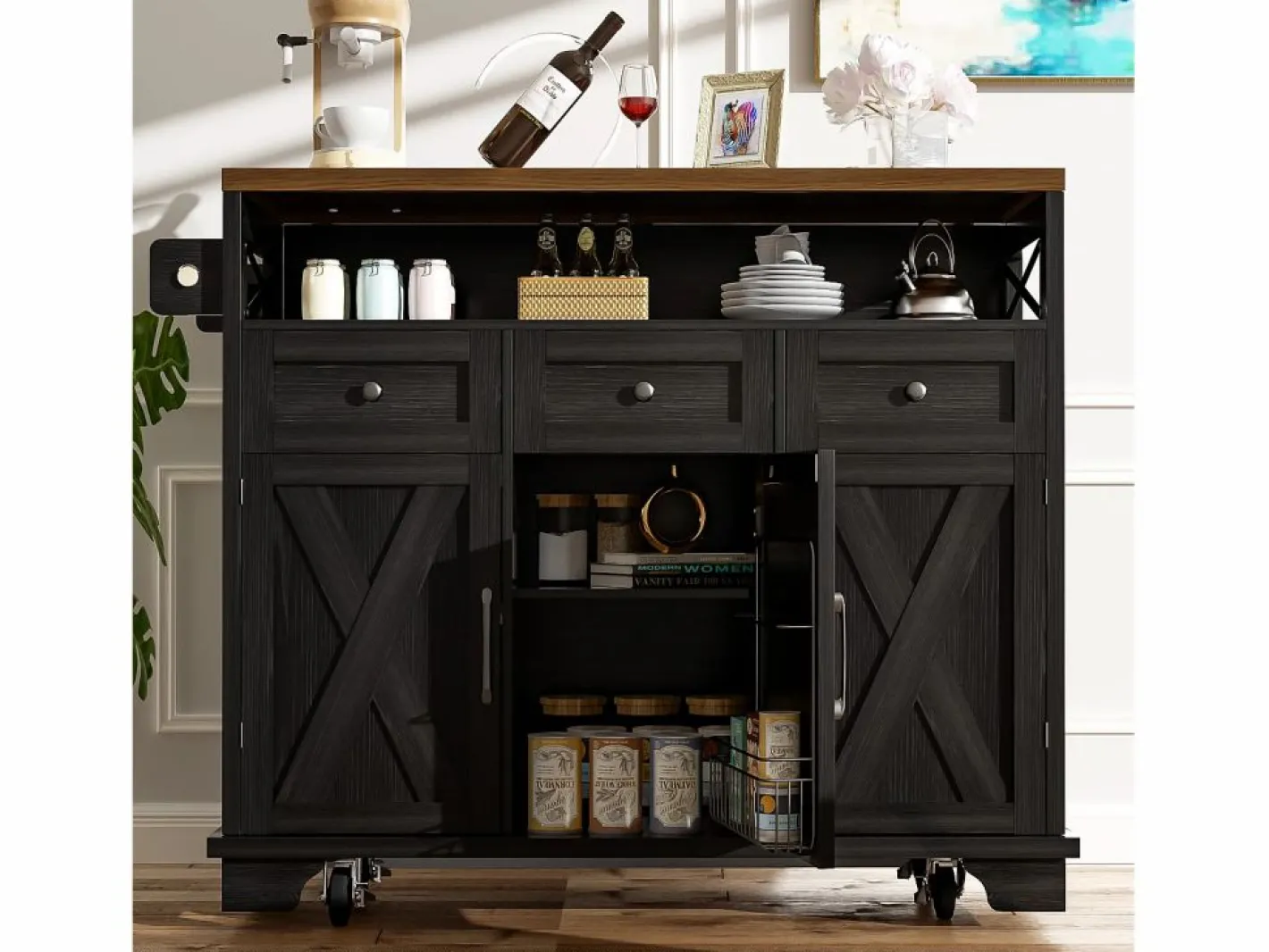 Merax Isla de cocina móvil con 3 cajones, 3 puertas y compartimento - 118 x 43/80 x 98 cm - MDF y metal - Negro Sale
