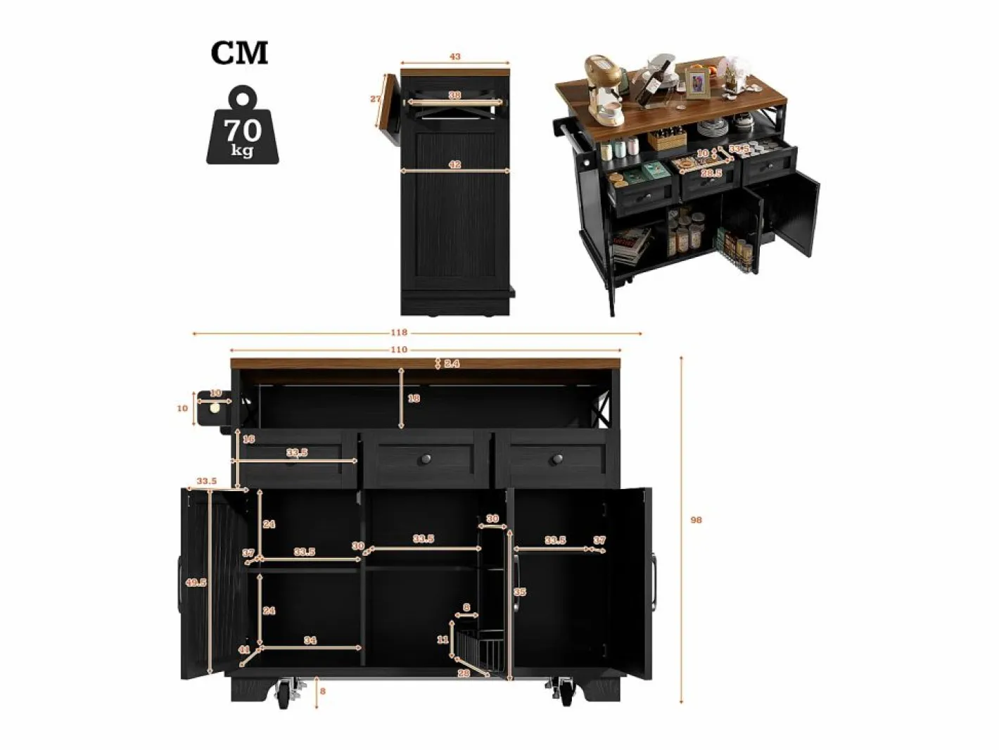 Merax Isla de cocina móvil con 3 cajones, 3 puertas y compartimento - 118 x 43/80 x 98 cm - MDF y metal - Negro Sale