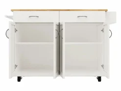 Merax Isla de cocina móvil con 4 puertas y 2 cajones - Tablero extensible - 106x50(78)x90,5cm - Madera MDF - y natural Blanco New