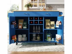 Merax Isla de cocina móvil con 2 cajones, 2 puertas y botellero para 6 botellas - 102x45x92cm - MDF y metal - Azul Clearance