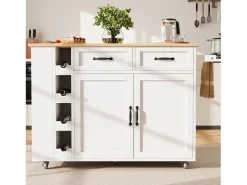 Merax Isla Cocina|Isla de cocina móvil con 2 puertas, 2 cajones y 4 botelleros - Tablero extensible - 131,5x43(76)x90,7cm - MDF - y natural